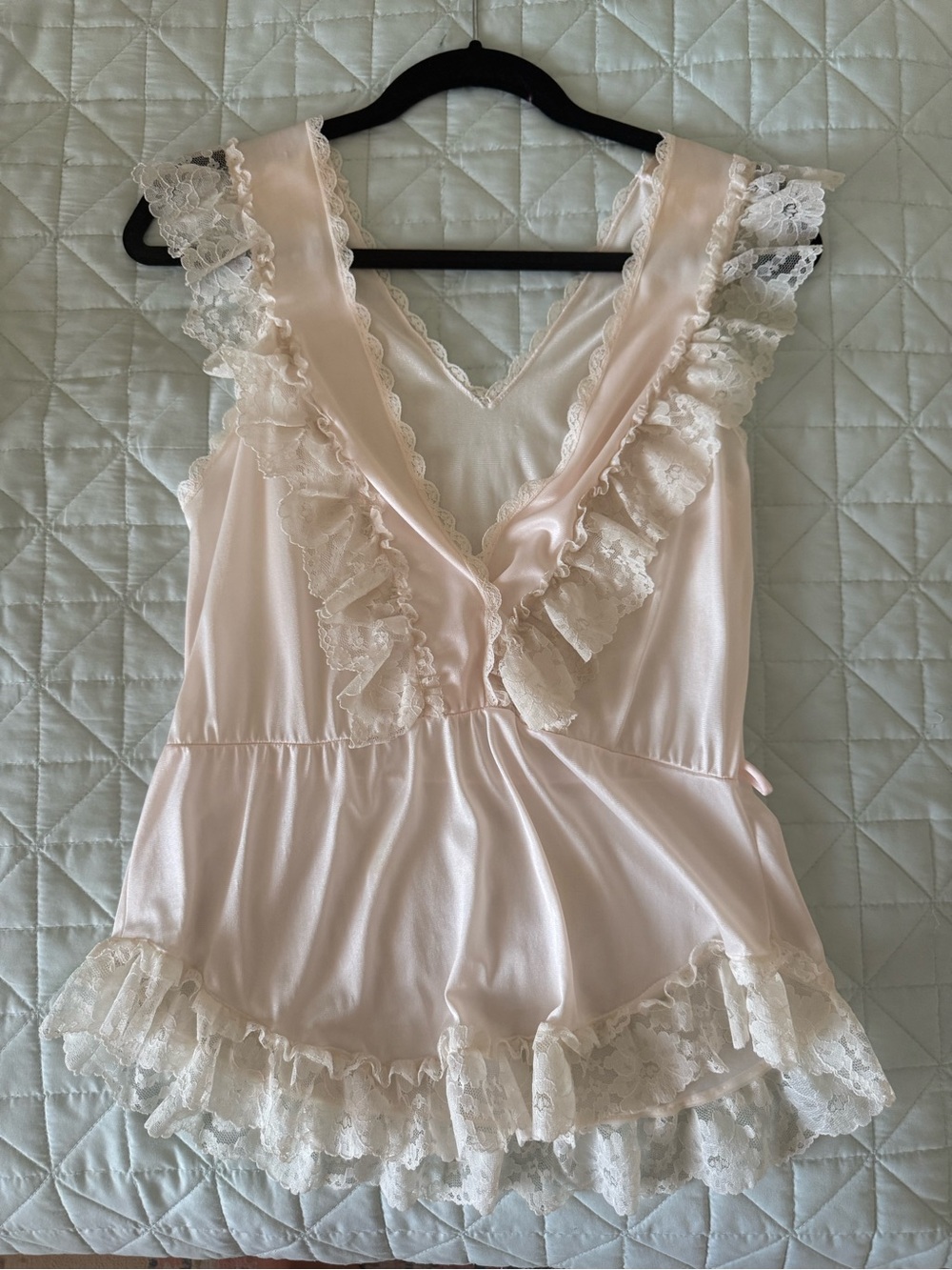 Vintage Sheer Ruffle Lace Satin Chemise - Light Pink